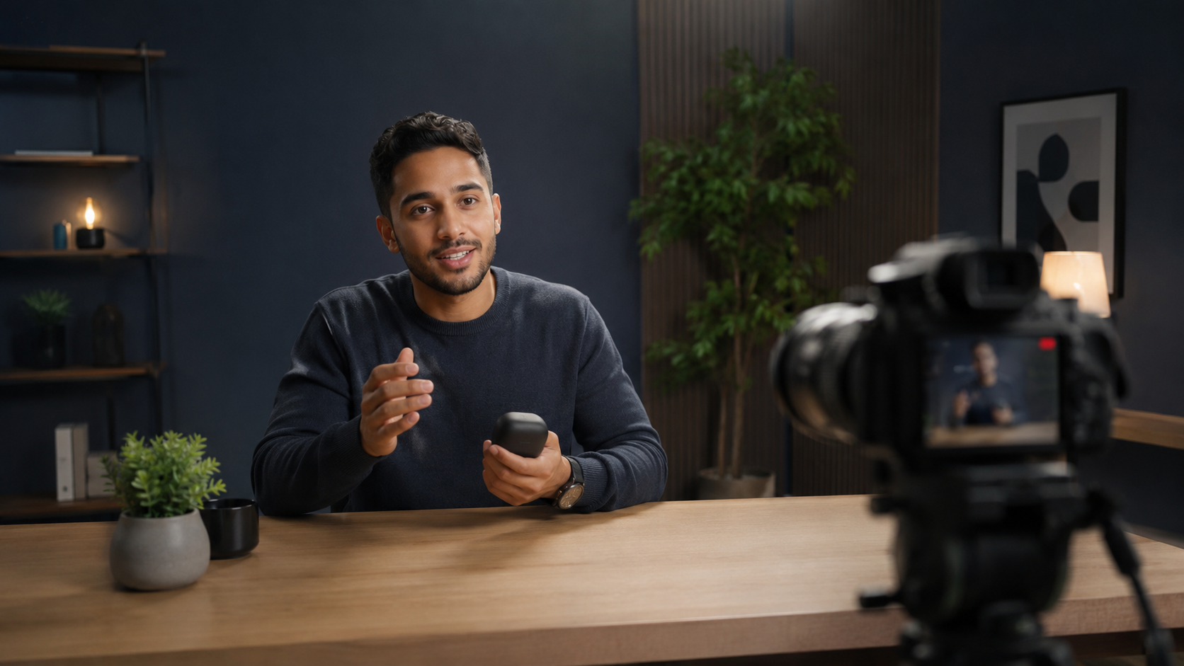 Locked camera on tripod protecting stable AI video backgrounds during a talking-head product shot