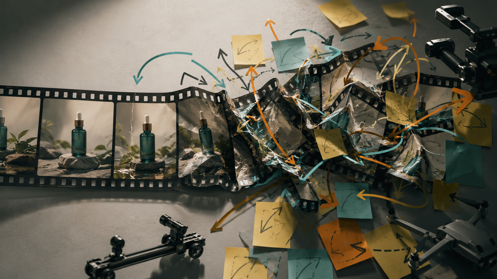 Tangled single-take film strip showing why a 30-second AI video prompt falls apart