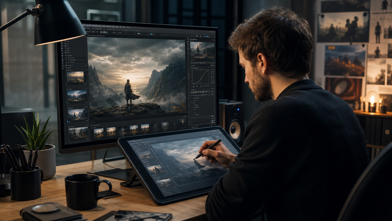 Creator refining an AI-generated image on a tablet in a workspace