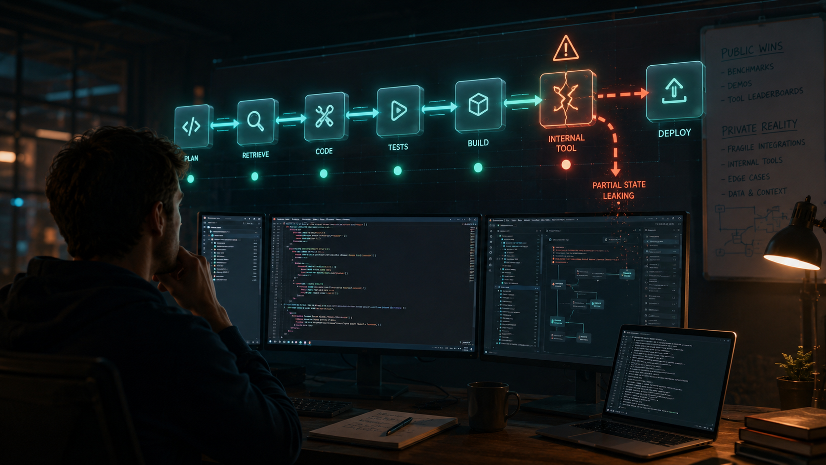 Coding agent and tool-loop workflow scene for Gemini 3.5 Pro coding benchmarks and tool use signals