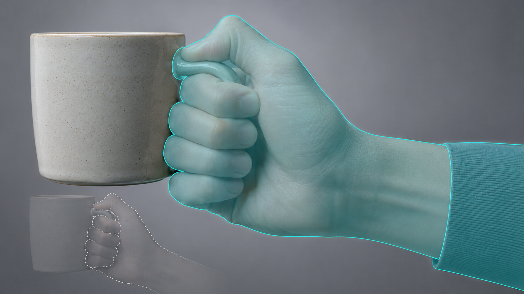 Generous mask covering hand, wrist, forearm, and object contact for AI hand inpainting