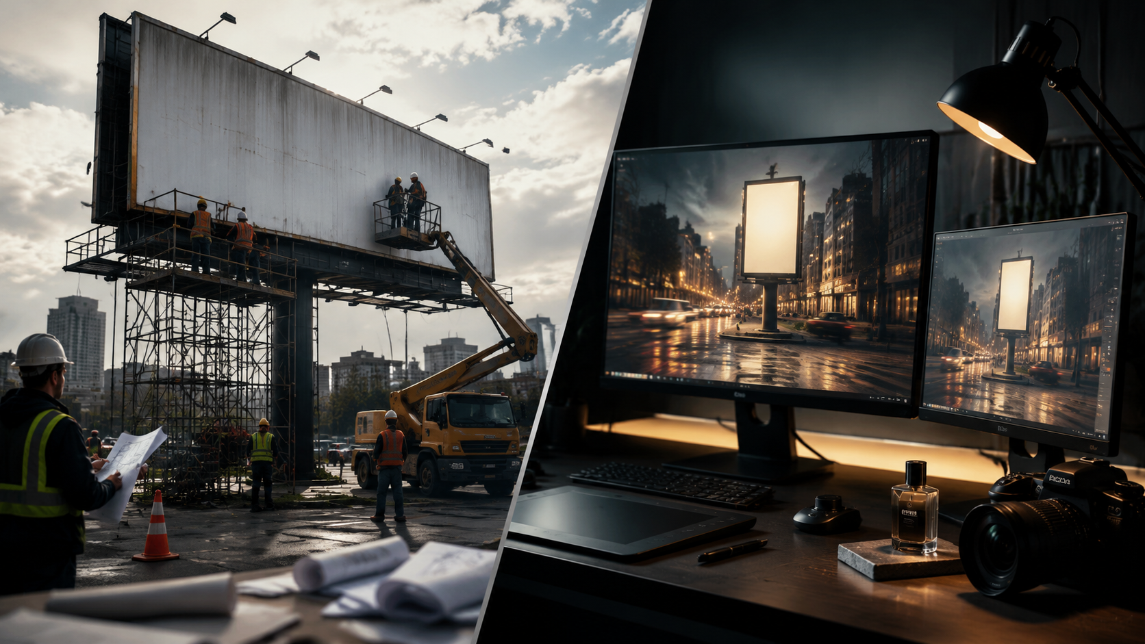 Split visual comparing physical outdoor install logistics with digital AI CGI ads production