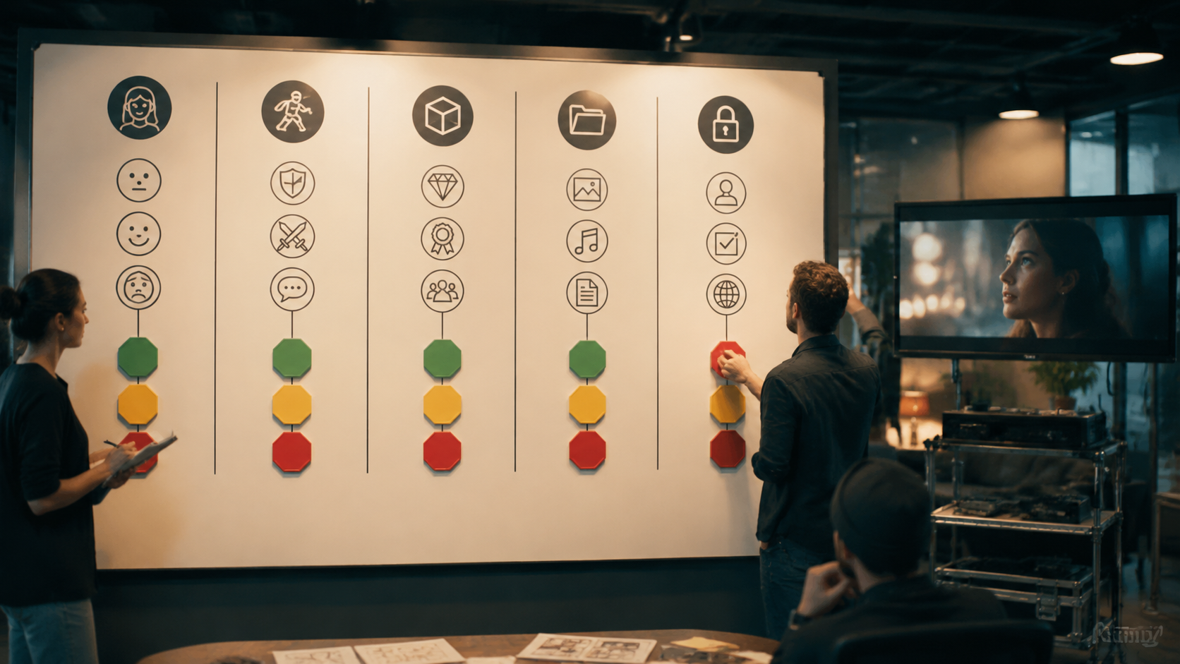 Agency pre-delivery risk checklist board for AI video copyright risks before handoff