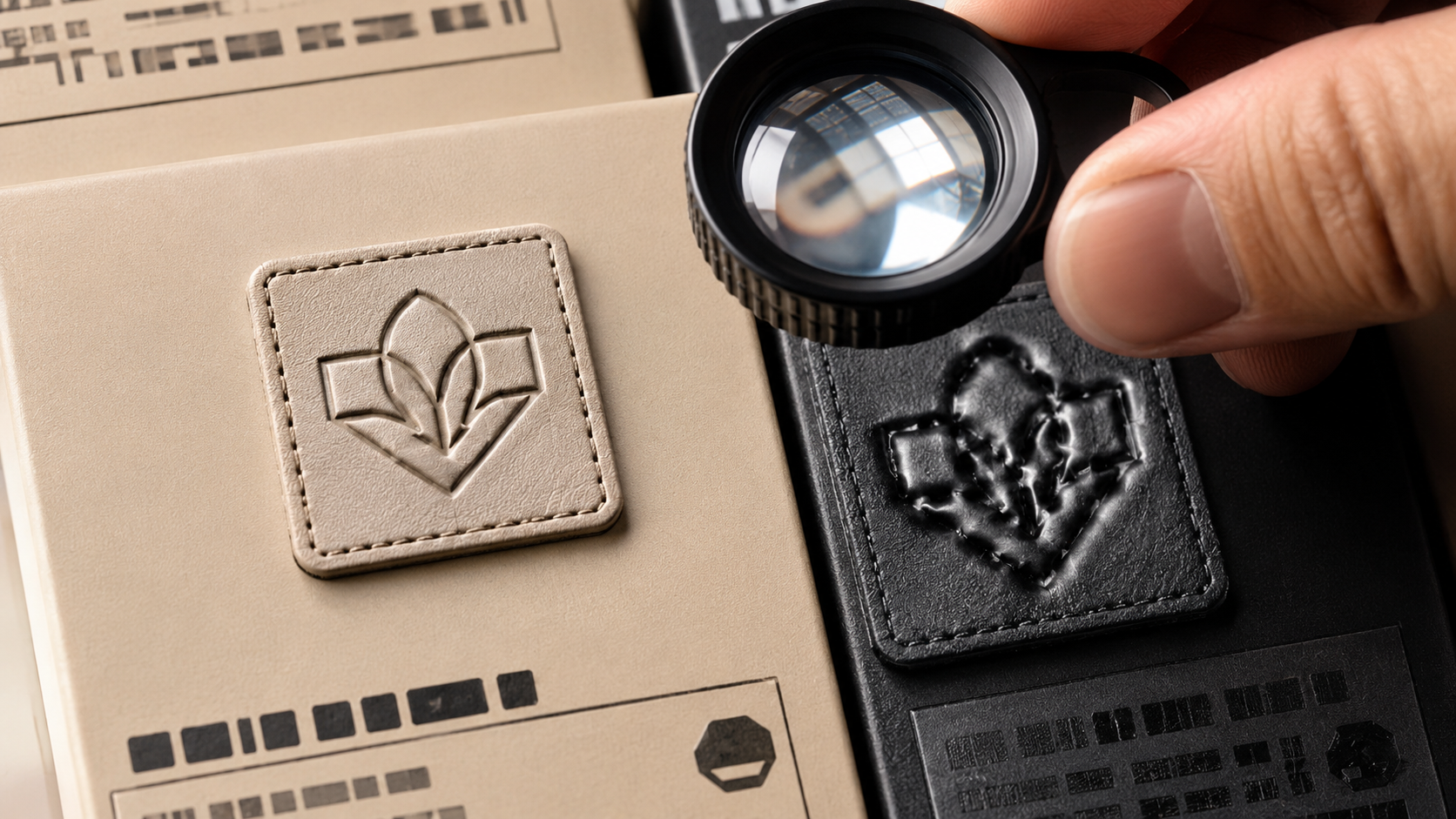 Magnified logo and packaging text inspection used to fix distorted product images.