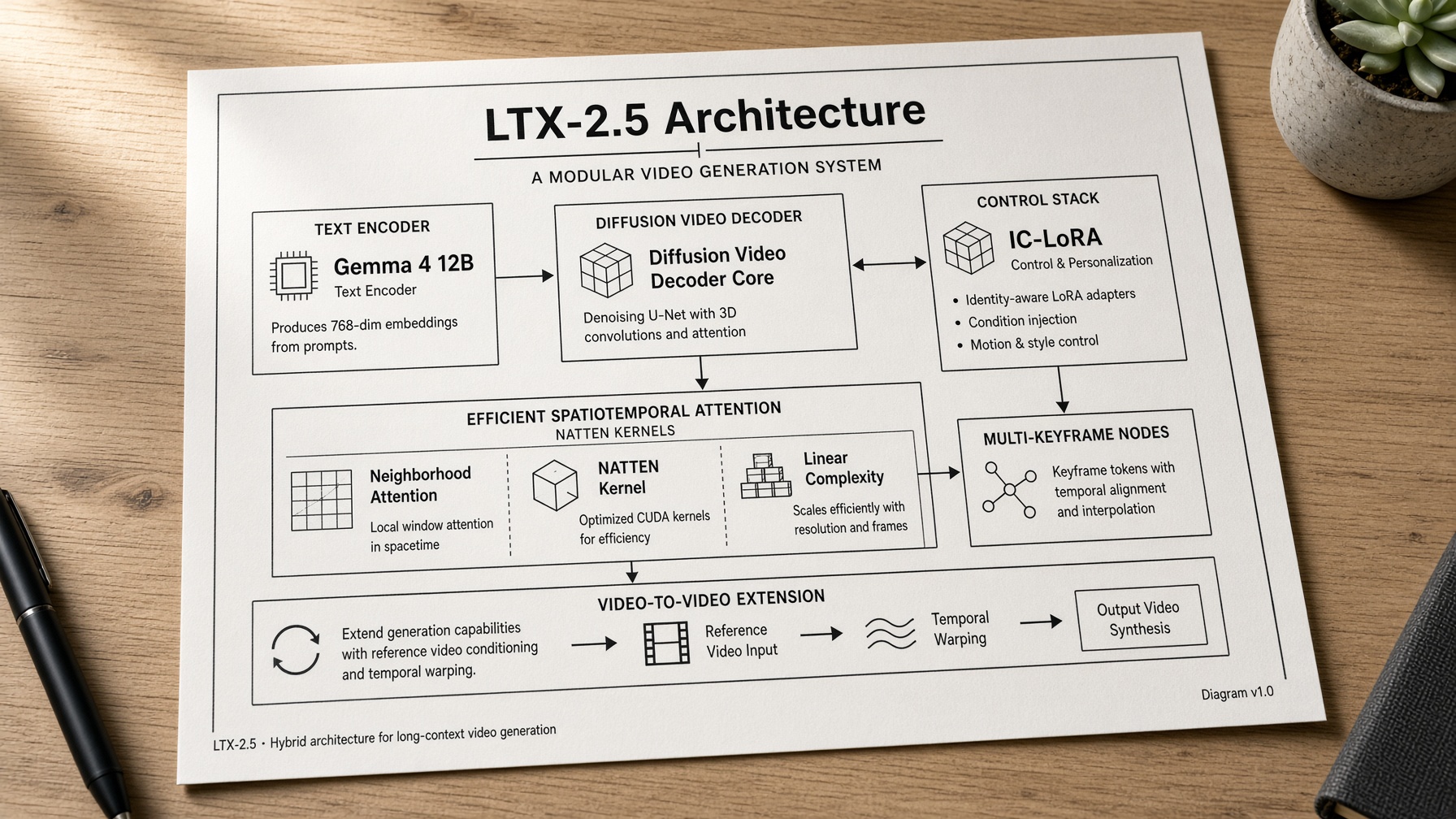 Clean architecture diagram of LTX-2.5 video model showing Gemma 4 12B text encoder, diffusion decoder, and control stack