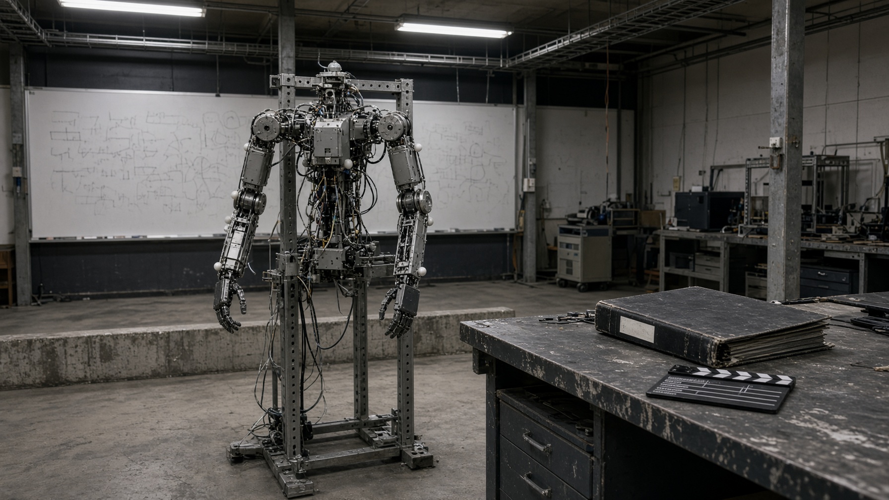 A robotics test bay with a generic industrial humanoid on a stand and a closed video storyboard binder left on a side bench for Project Spud.