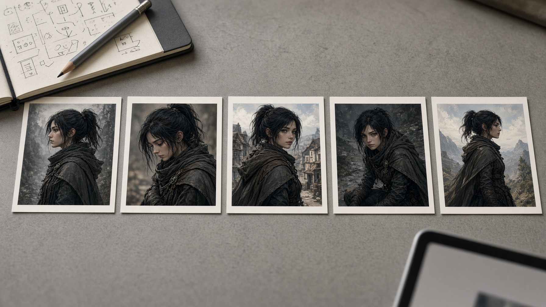 Storyboard cards on a production table showing the same illustrated character in different scenes for character reference consistency