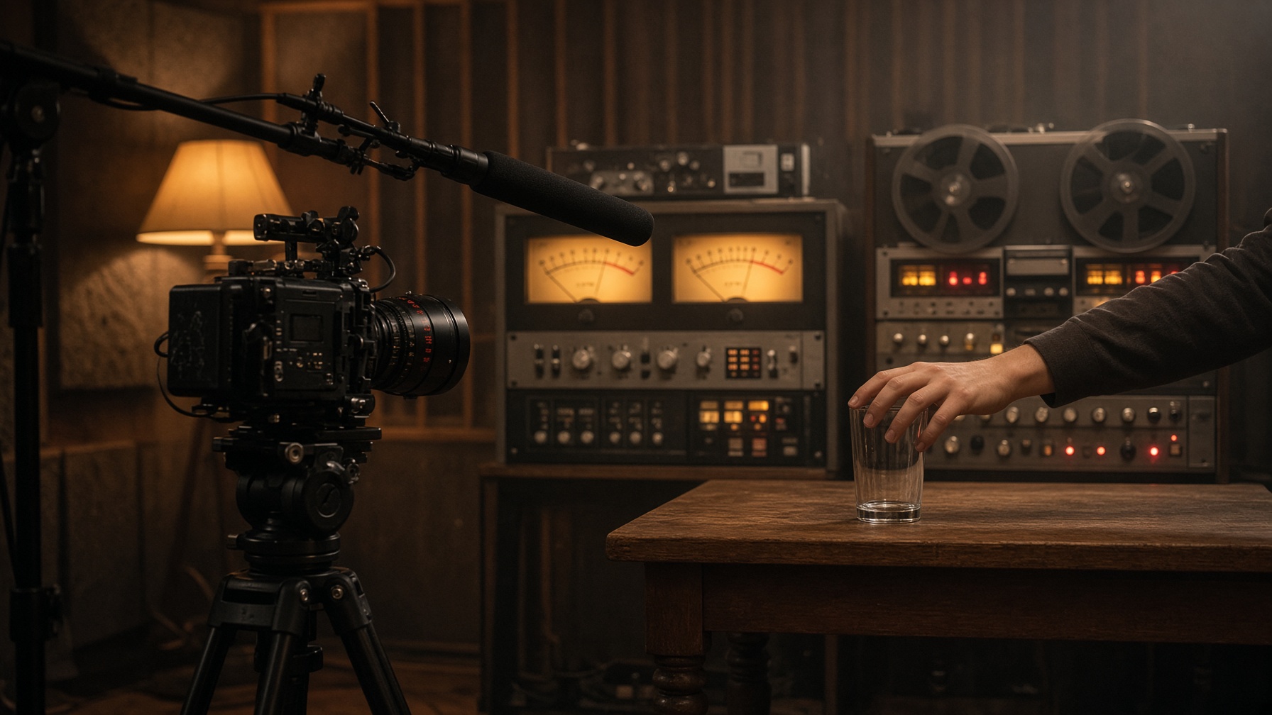 A cinema camera and boom microphone recording a glass on a table, illustrating native audio in Google Veo 3.1 Lite.
