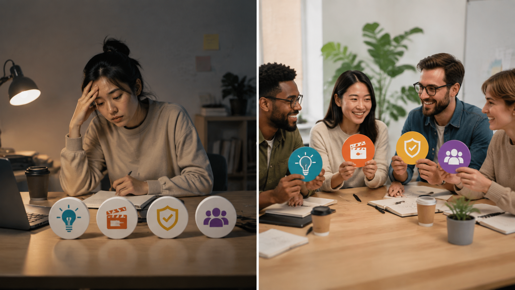 Solo creator and team role cards comparing ownership to reduce social media burnout friction