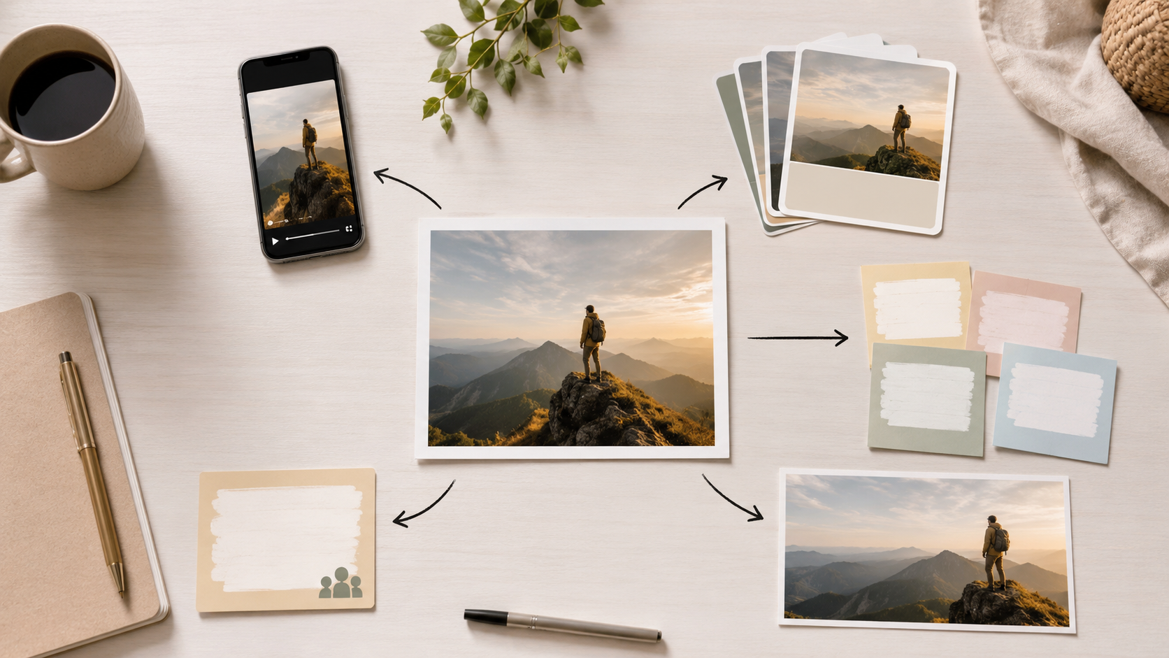 Reuse matrix turns one approved asset into multi-platform AI content calendar outputs.