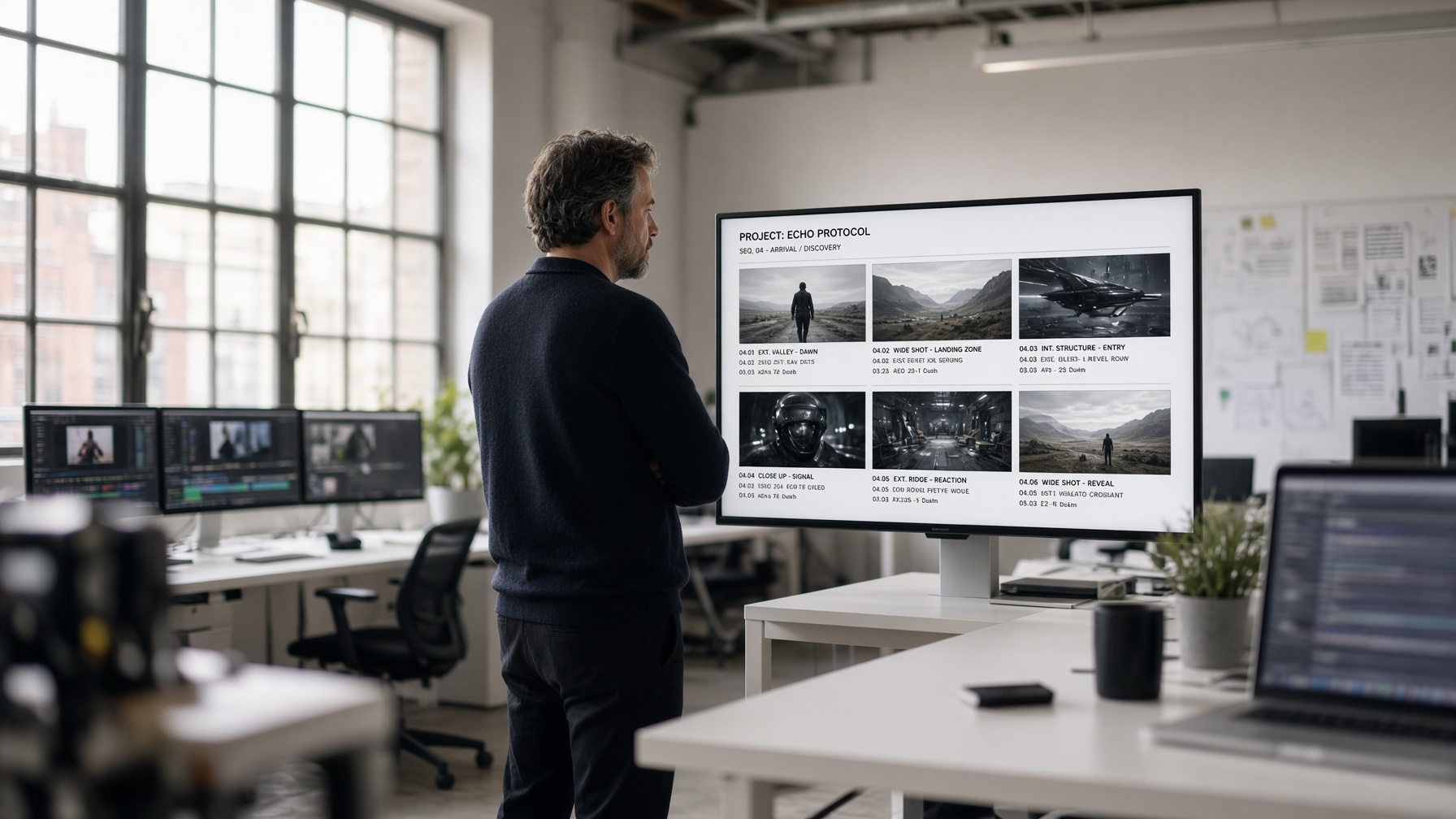 Professional video production studio with director reviewing storyboards for open-weights AI video model