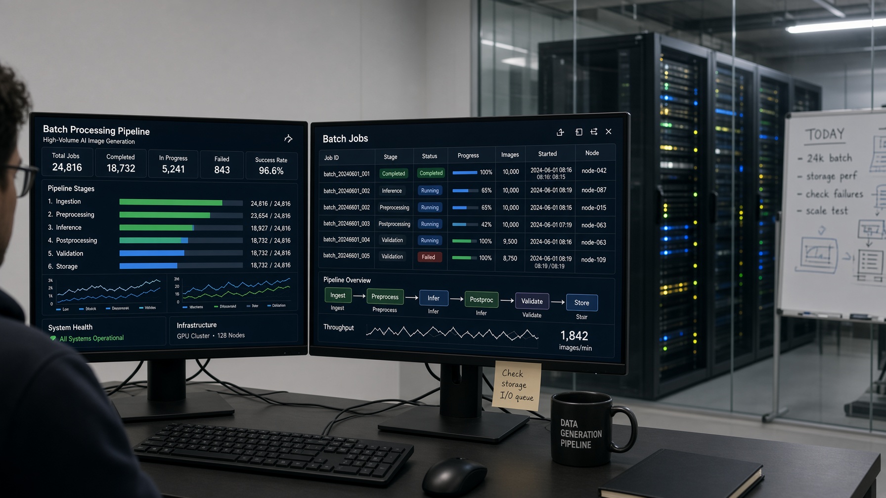 Automated batch processing pipeline workflow on technical monitors