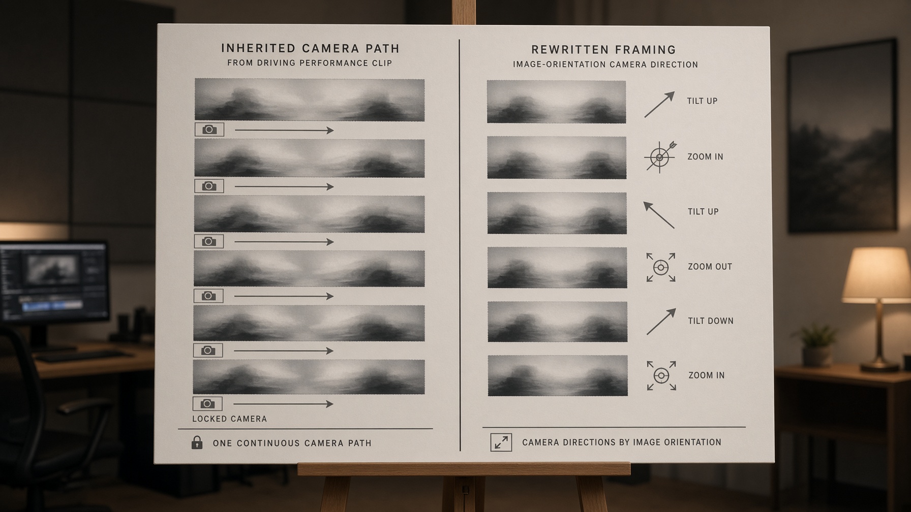 Comparison board illustrating driving-clip camera match versus prompt-directed camera control for character animation