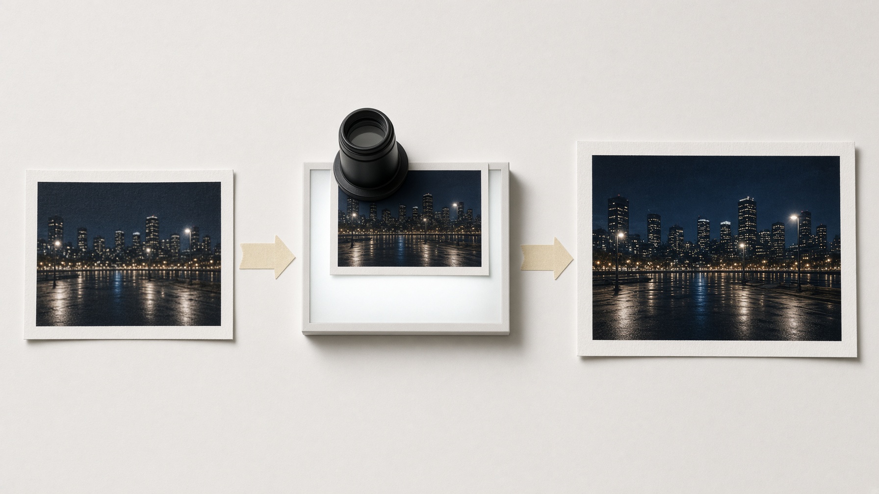 Three unlabeled prints in a left-to-right bench workflow from a 1080p still to a larger enhanced export.
