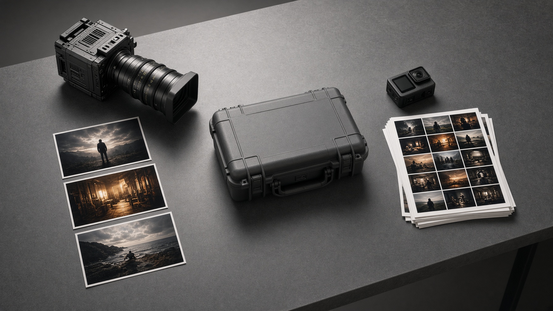 A cinema camera and printed film stills on one side of a table, short-form contact sheets and a compact camera on the other, with an empty retired tool case in the center.