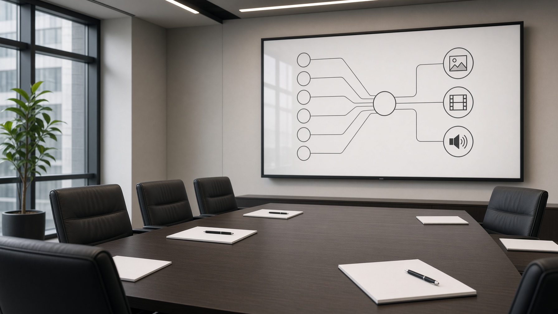 Conference-room display of an unlabeled diagram routing several models into one creative hub.