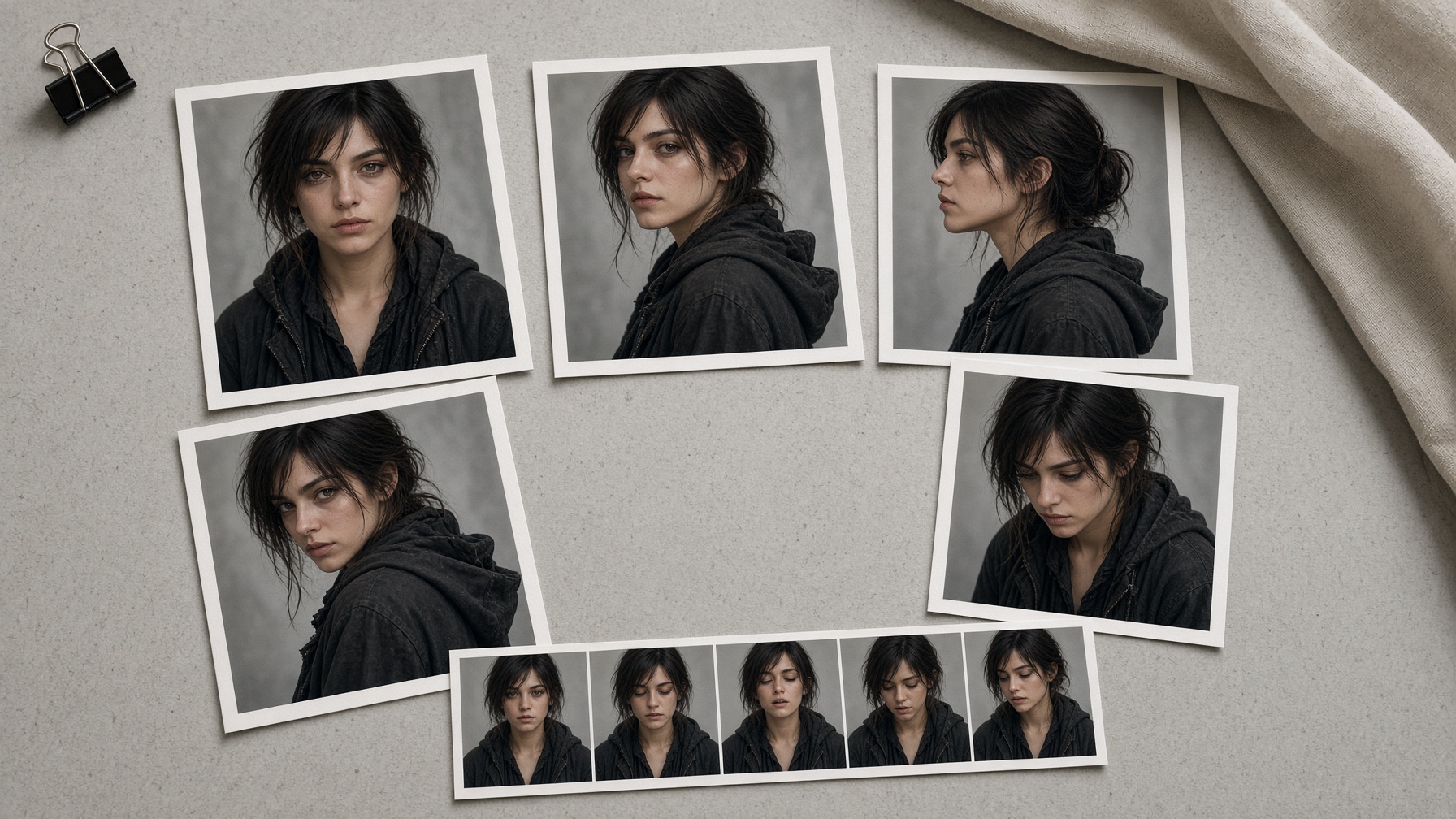 Multi-view character reference prints arranged for identity hold in extreme motion transfer shots