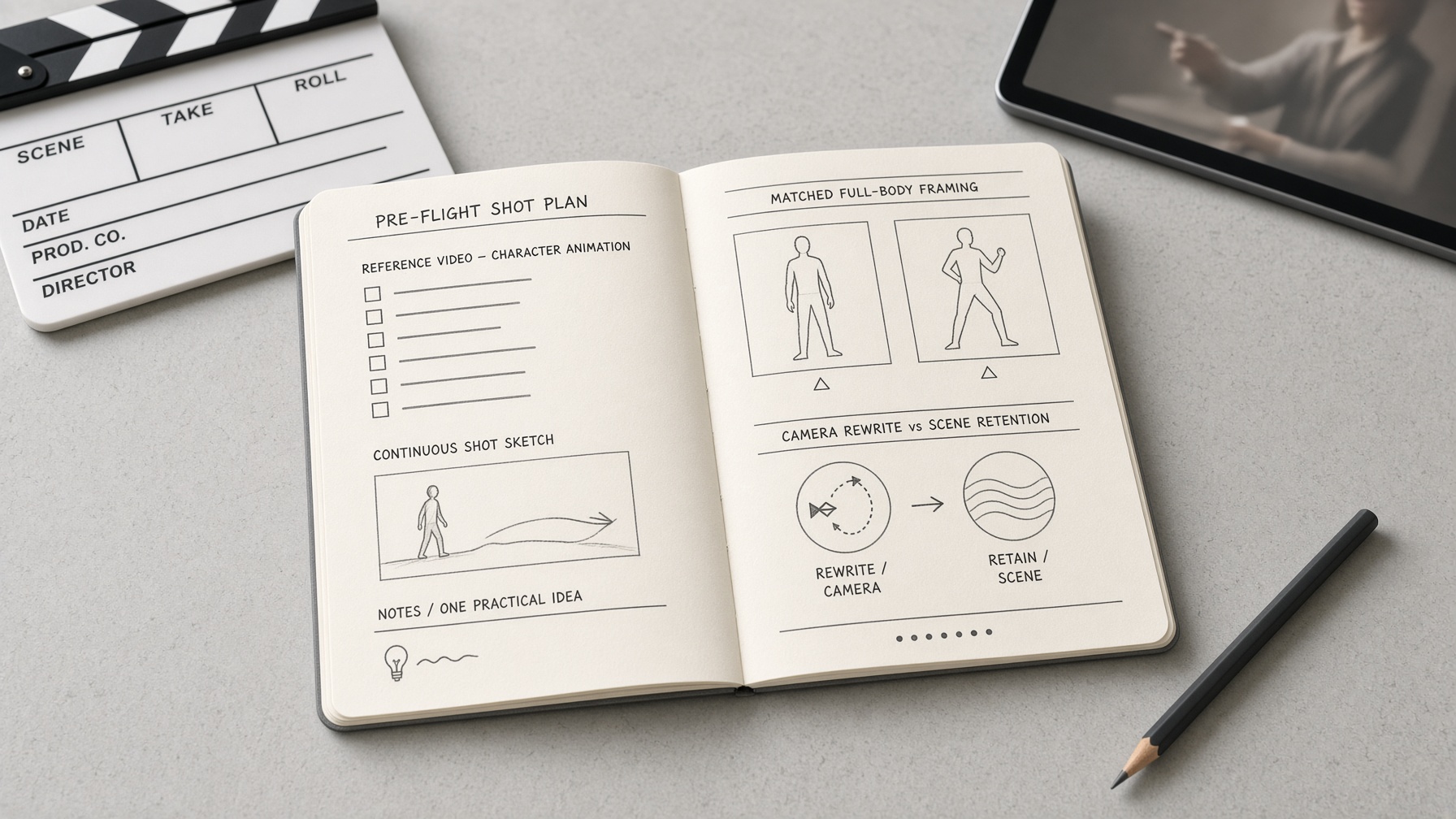 Pre-flight checklist notebook for filmmakers and short-form teams planning an AI character animation take