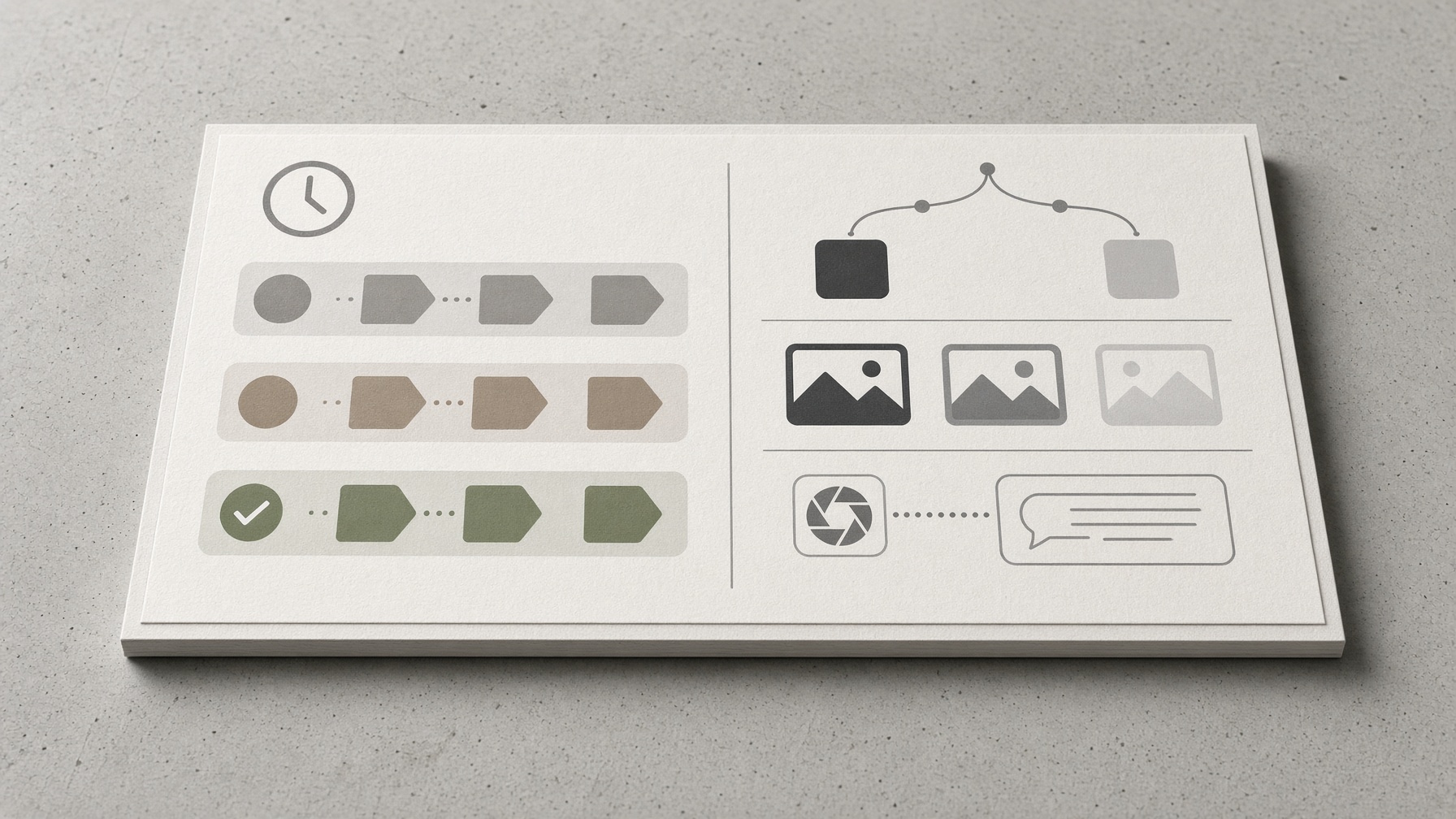 Printed comparison board on a studio table separating speed and availability from model and resolution factors that shape Runway Explore Mode quality