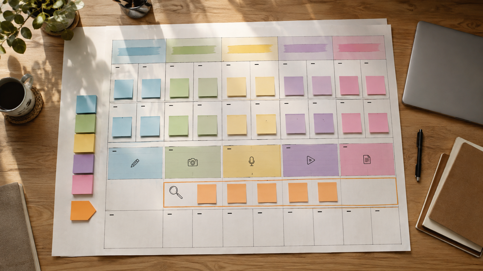 AI content calendar laid out in theme blocks with review windows and publish buffers