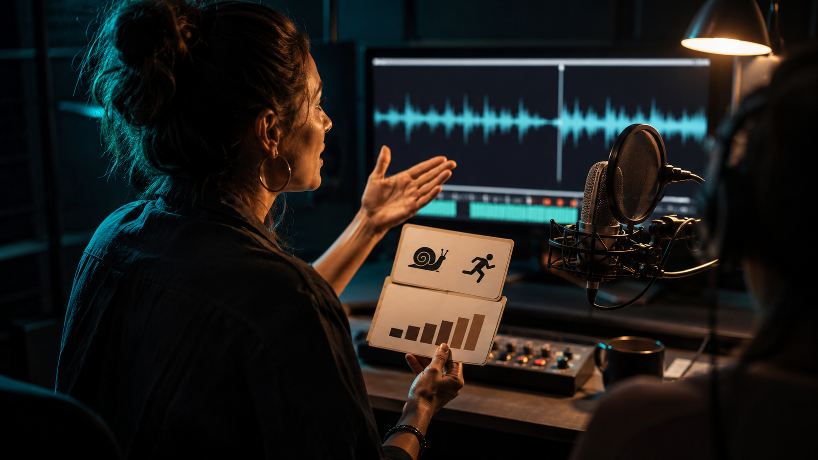 Creator directing pace and emotion cues for a natural-sounding AI voice performance.