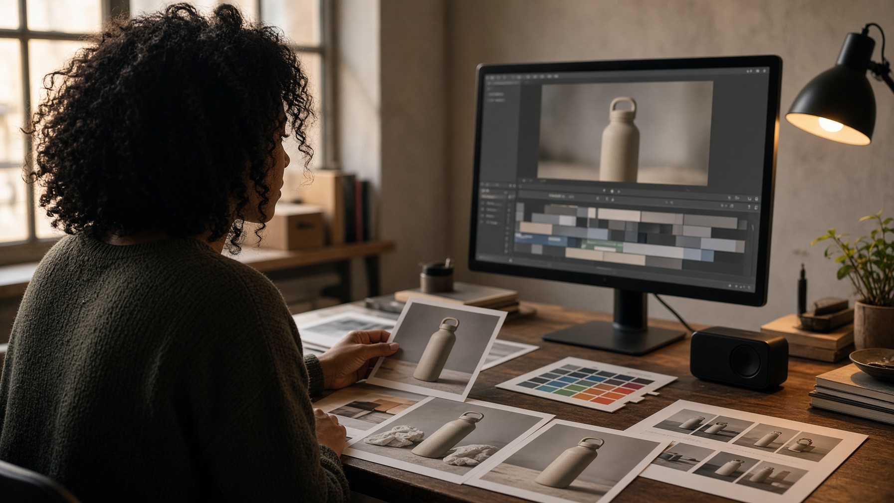 A creator reviewing campaign stills, a speaker, and a blurred timeline while producing multi-format assets.