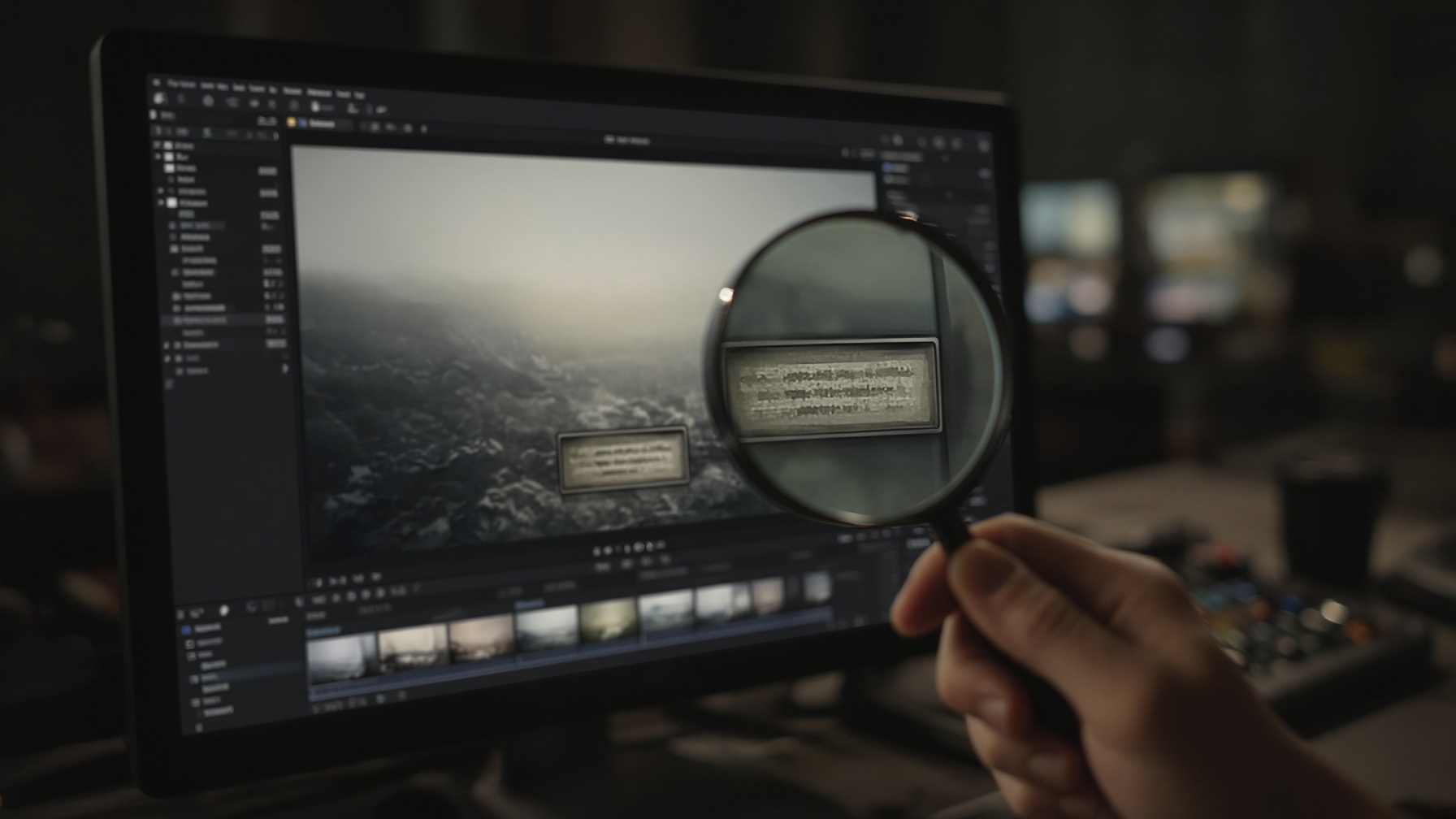 Magnifying glass over blurry on-screen text in an AI video frame showing how Starlight Precise may interpret marginal text as texture