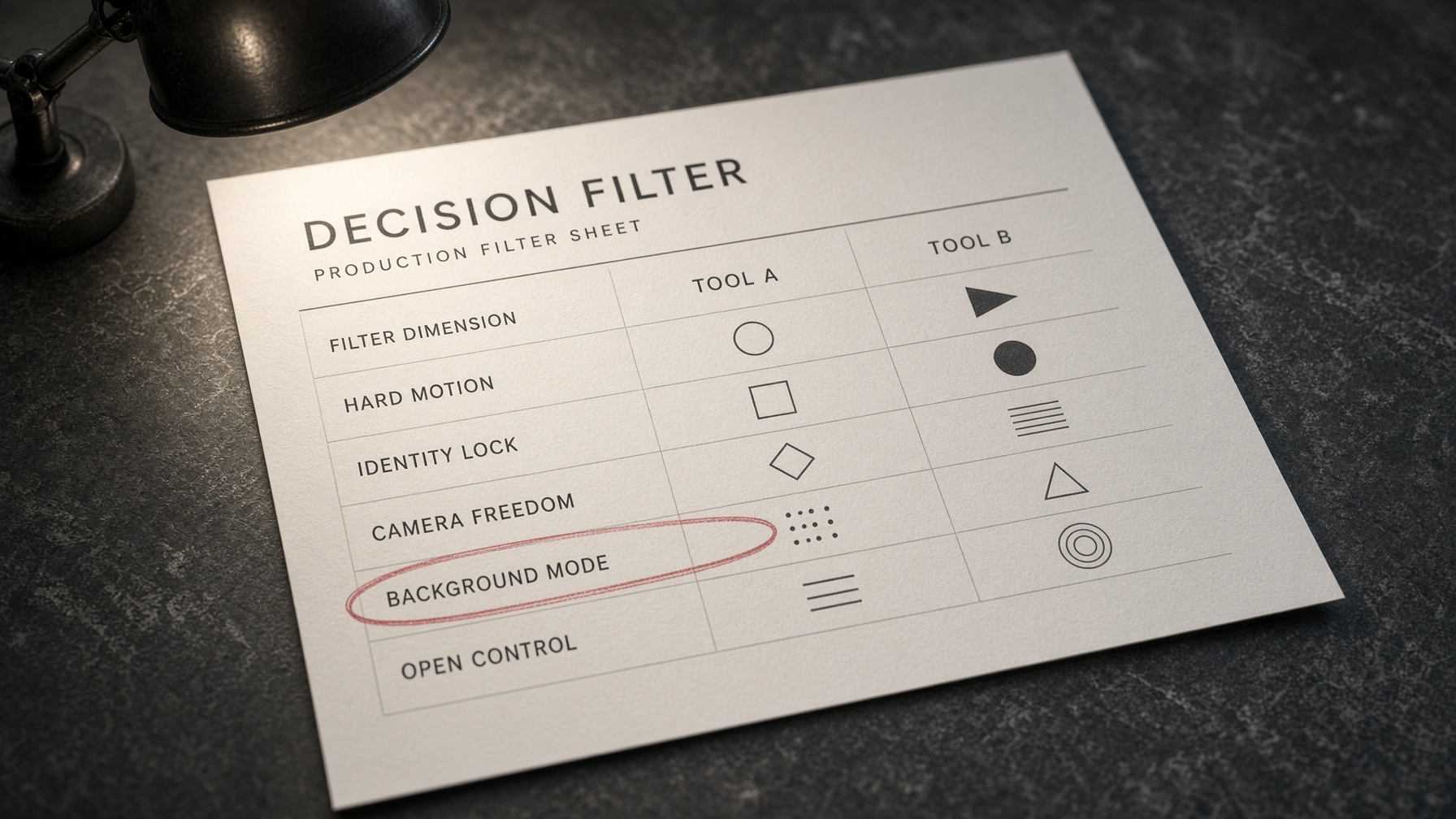 Printed decision matrix sheet used to choose between Kling Motion Control vs Wan Animate 2 by production bottleneck