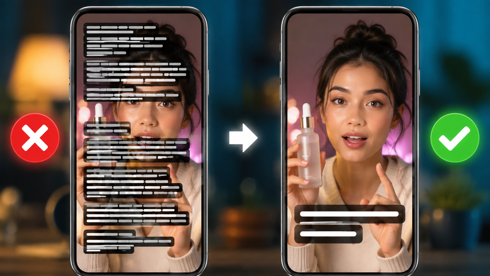 Readable social media subtitles with short lines on a vertical phone frame