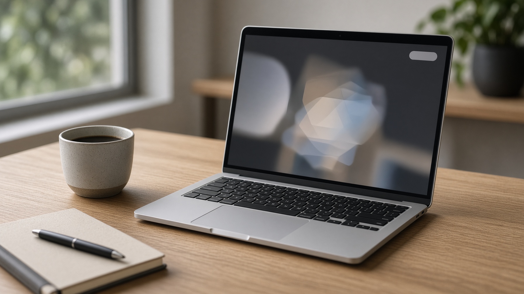 Laptop on a clean production desk showing a blurred generation workspace, illustrating Runway Explore Mode as a relaxed no-credit path