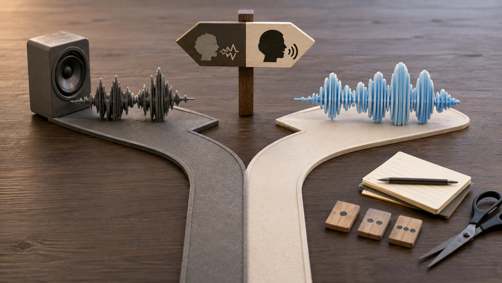 Decision fork showing when realistic AI voiceover needs a new voice versus production fixes.