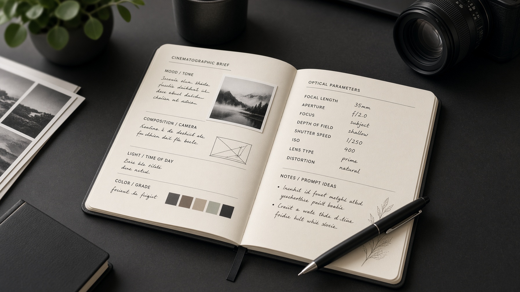 Cinematographic prompt templates written in professional notebook for Nano Banana 2