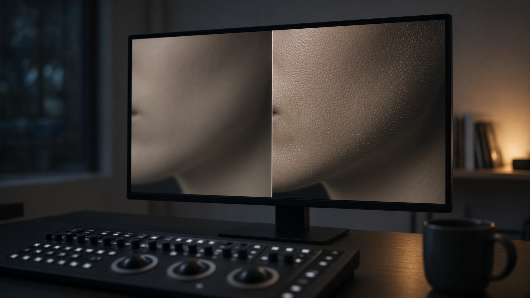 Editor's monitor comparing two close-up skin texture renders to test Starlight Precise sharpness level 1 versus level 3