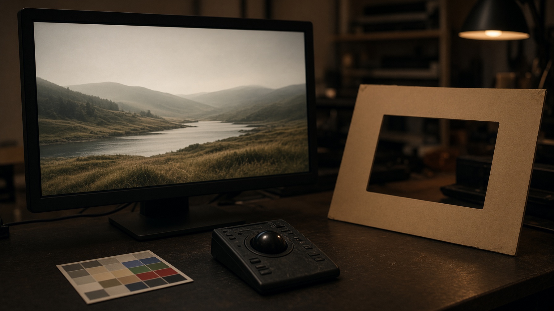 A color-grading monitor locked to a soft 16:9 frame while a larger unused 4K cardboard template sits beside it.