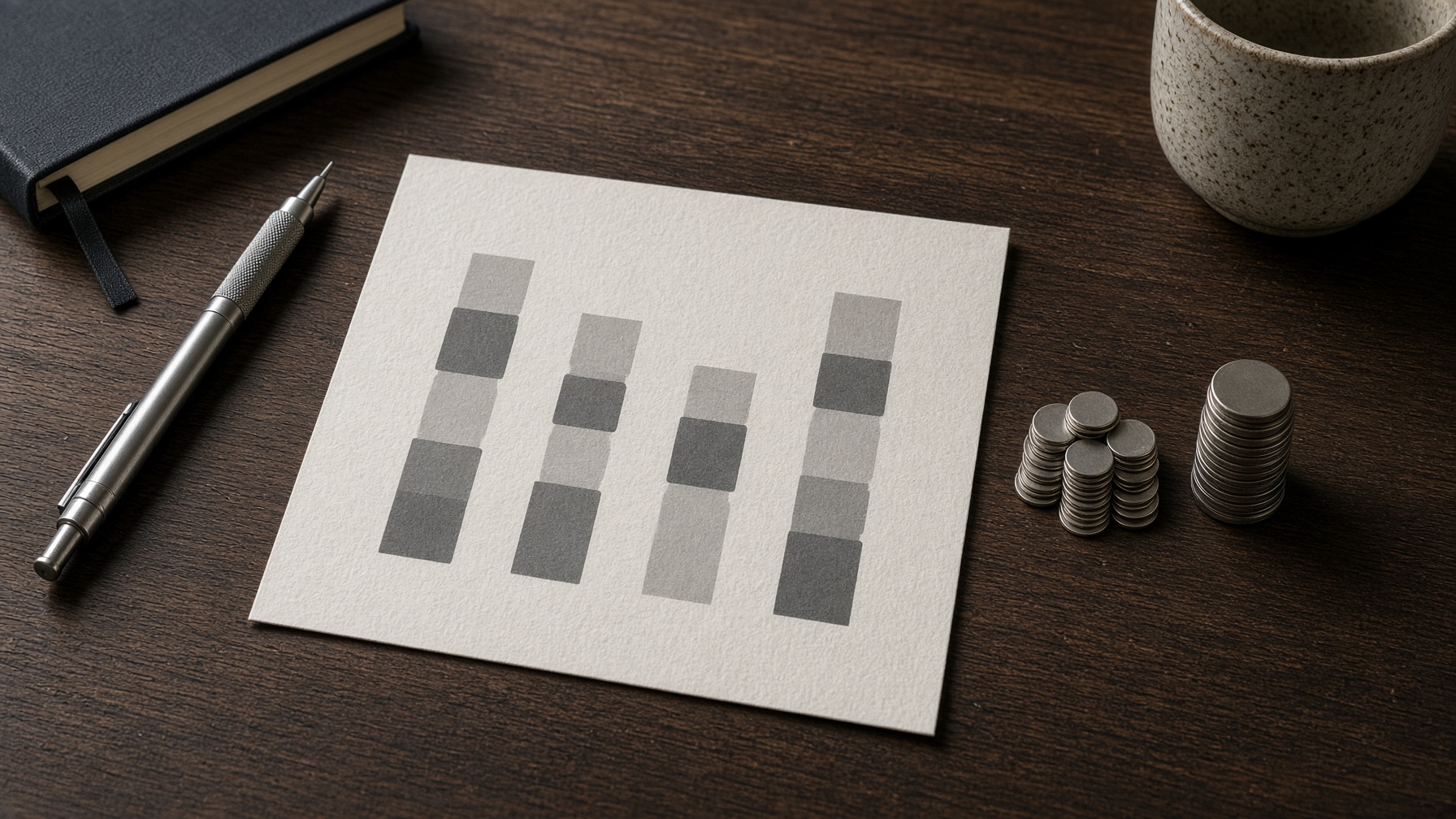 Unlabeled bars and two token piles on a desk, a conceptual look at Veo 3.1 pricing.