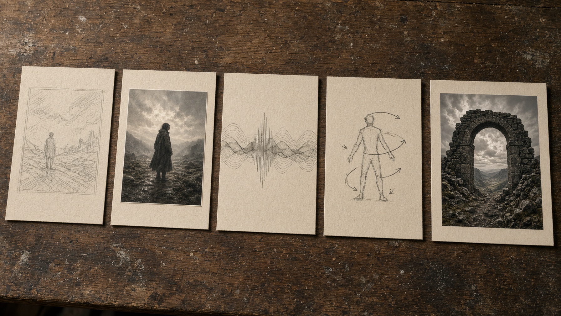 Five storyboard cards in sequence showing a story-to-finished-asset workflow on a production table.