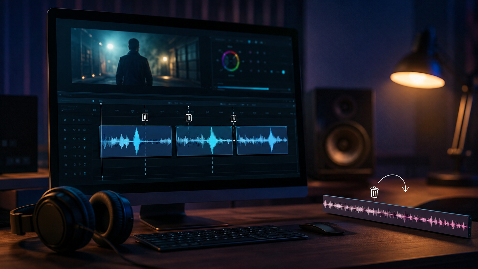 Timeline of short AI voiceover takes with pauses instead of one long flat block.