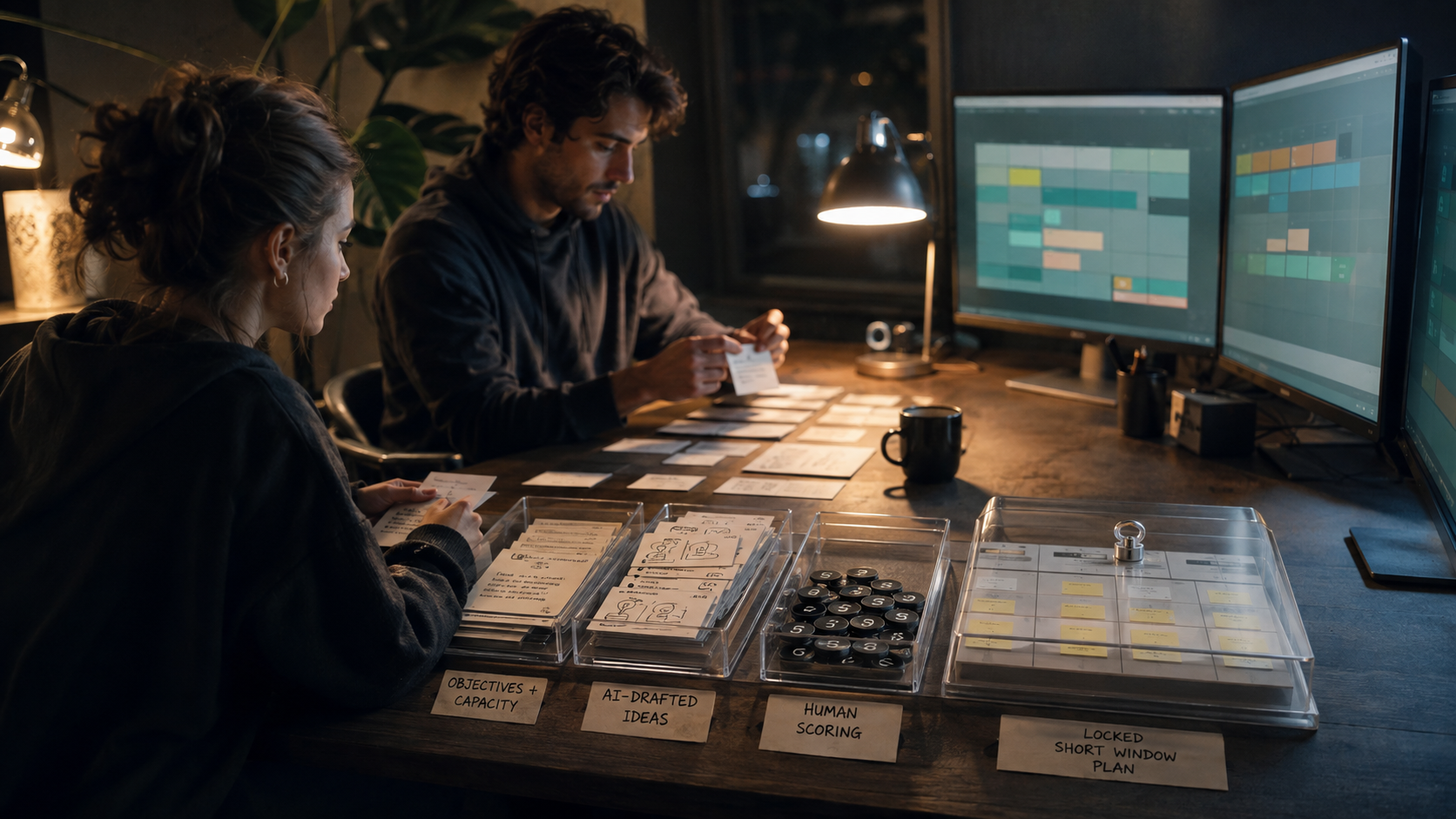 Weekly AI social media workflow from capacity inputs to a locked reviewable plan.