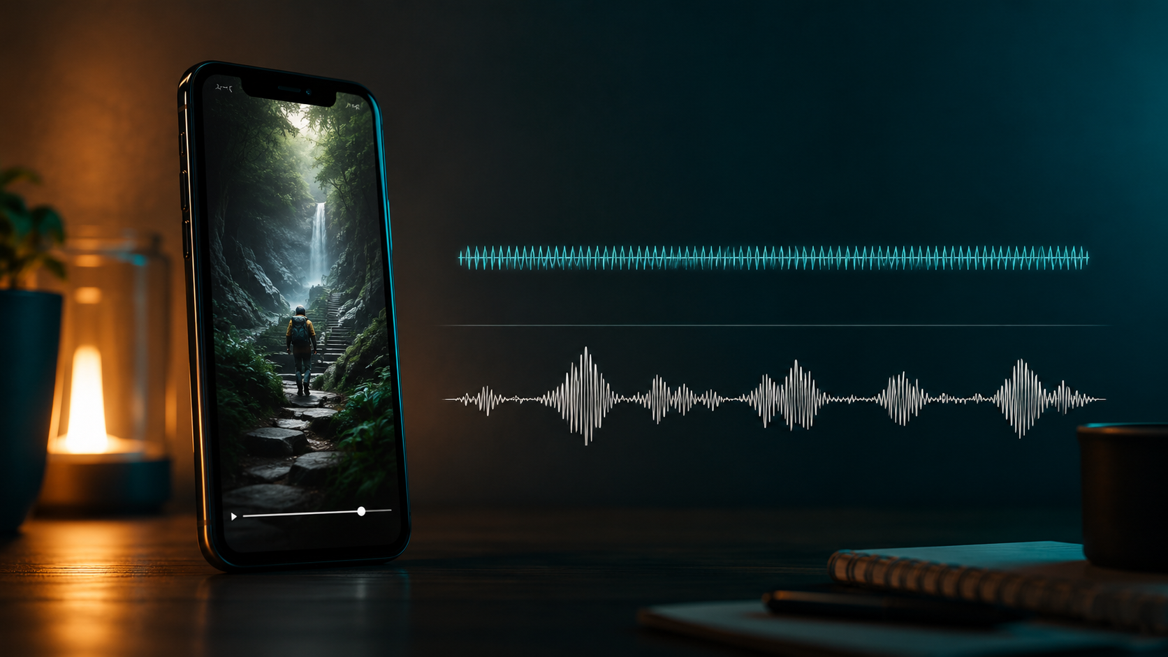 Flat monotone waveform beside a phone clip showing robotic AI voiceover on social video.