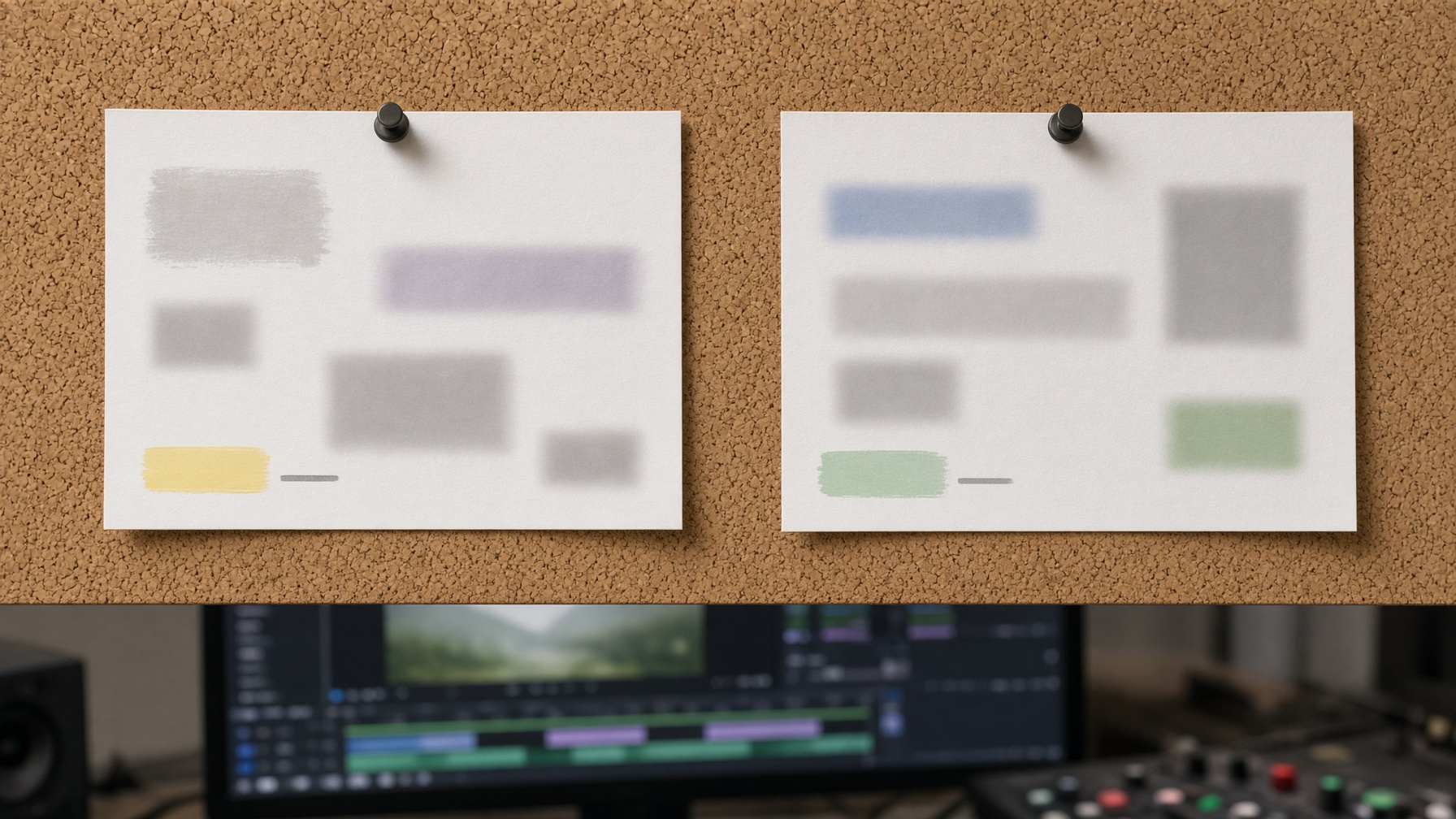 Two separate printed note sheets on a corkboard illustrating the two unconnected official claims about Starlight Precise temporal consistency