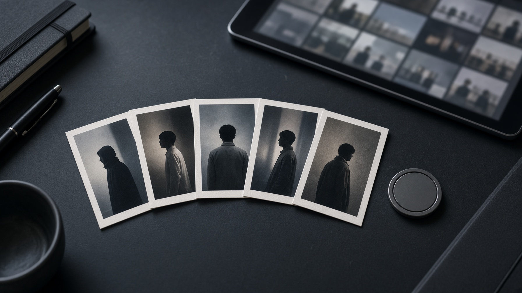 Desk setup with multiple reference media cards for multi-reference identity control in AI video production