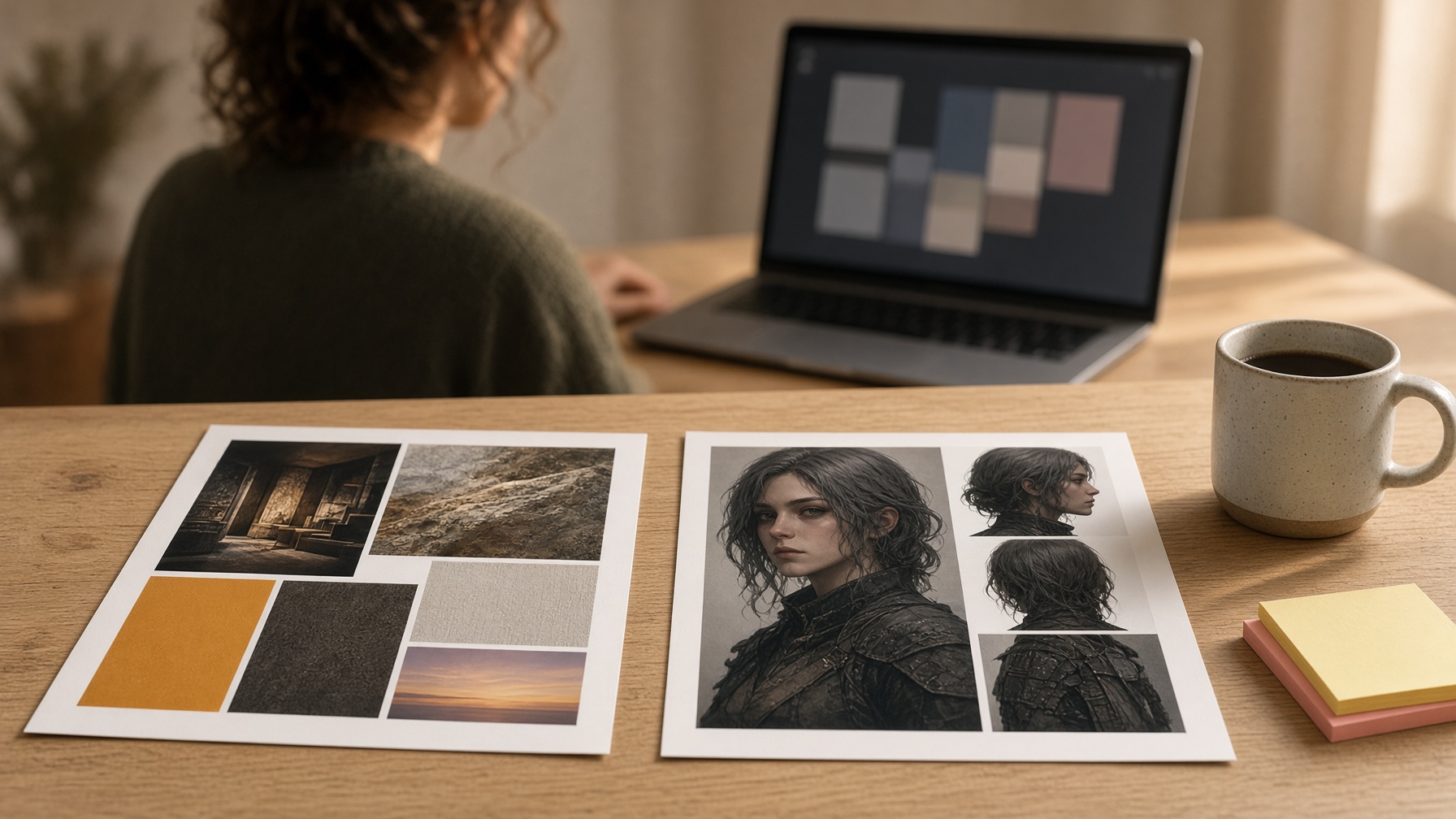 Creator desk with separate style and character reference prints prepared for a combined Midjourney image workflow