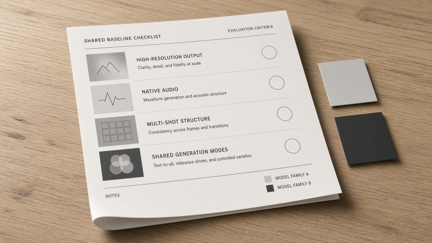 Printed shared-baseline checklist on a studio desk for Wan 2.7 vs Wan 2.6 Video core production needs