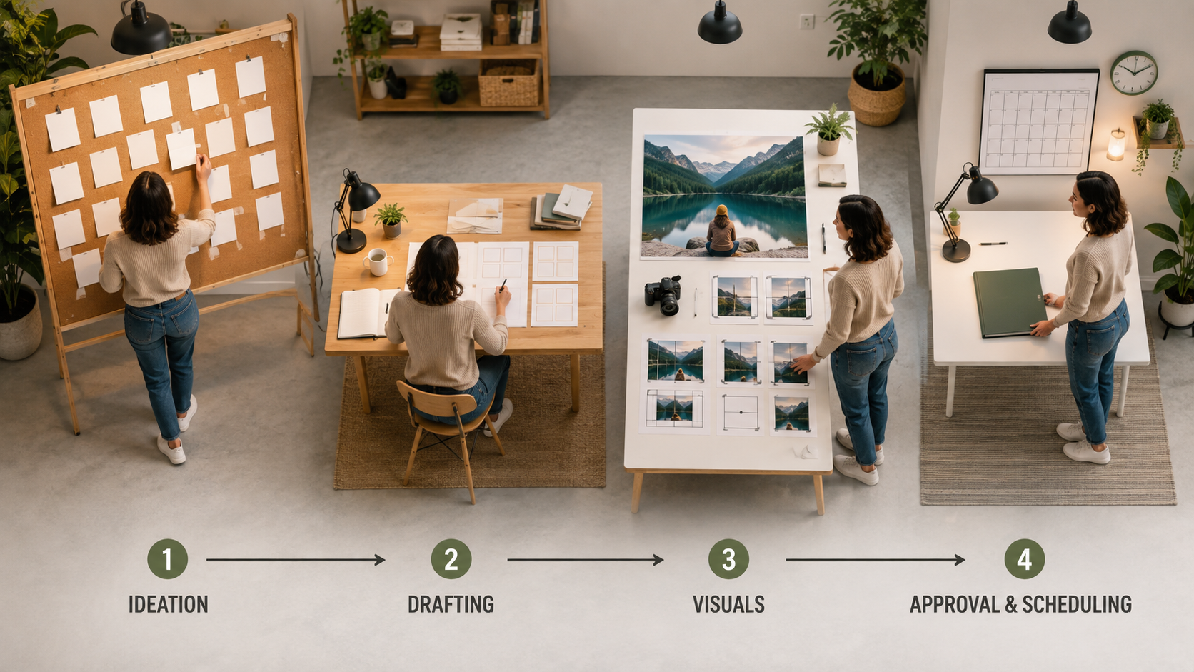 Four-stage social media content batching pipeline from ideation to scheduling