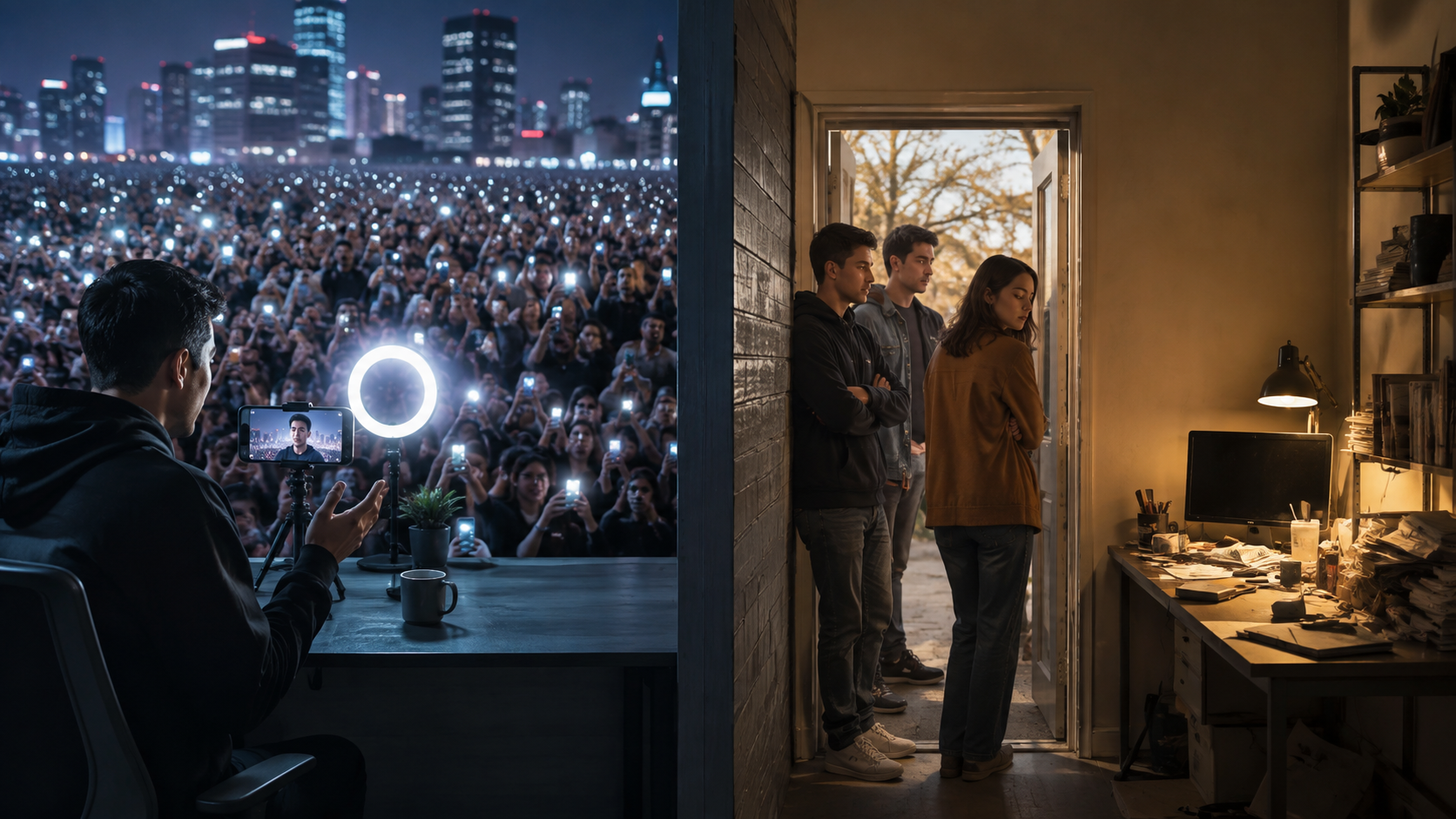 Split scene comparing flat profile visits versus visits without follows in social media conversion