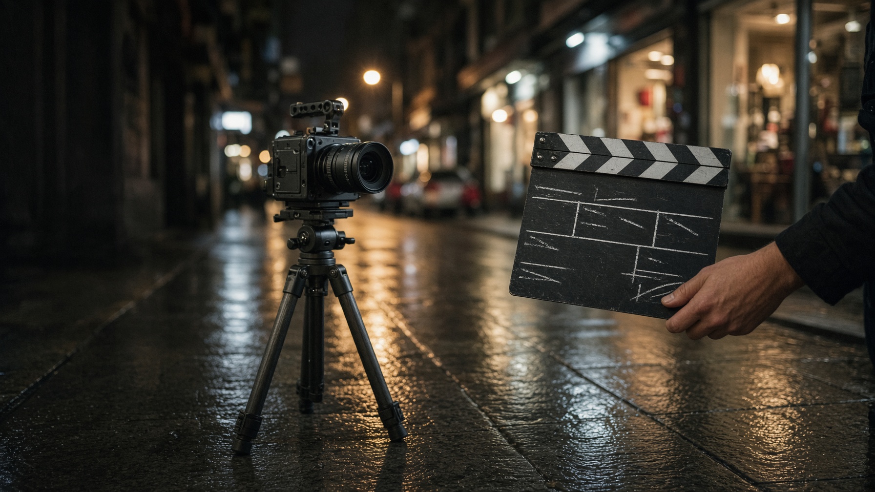 A compact cinema camera and unmarked slate on a wet night street, introducing the Google Veo 3.1 Lite launch.