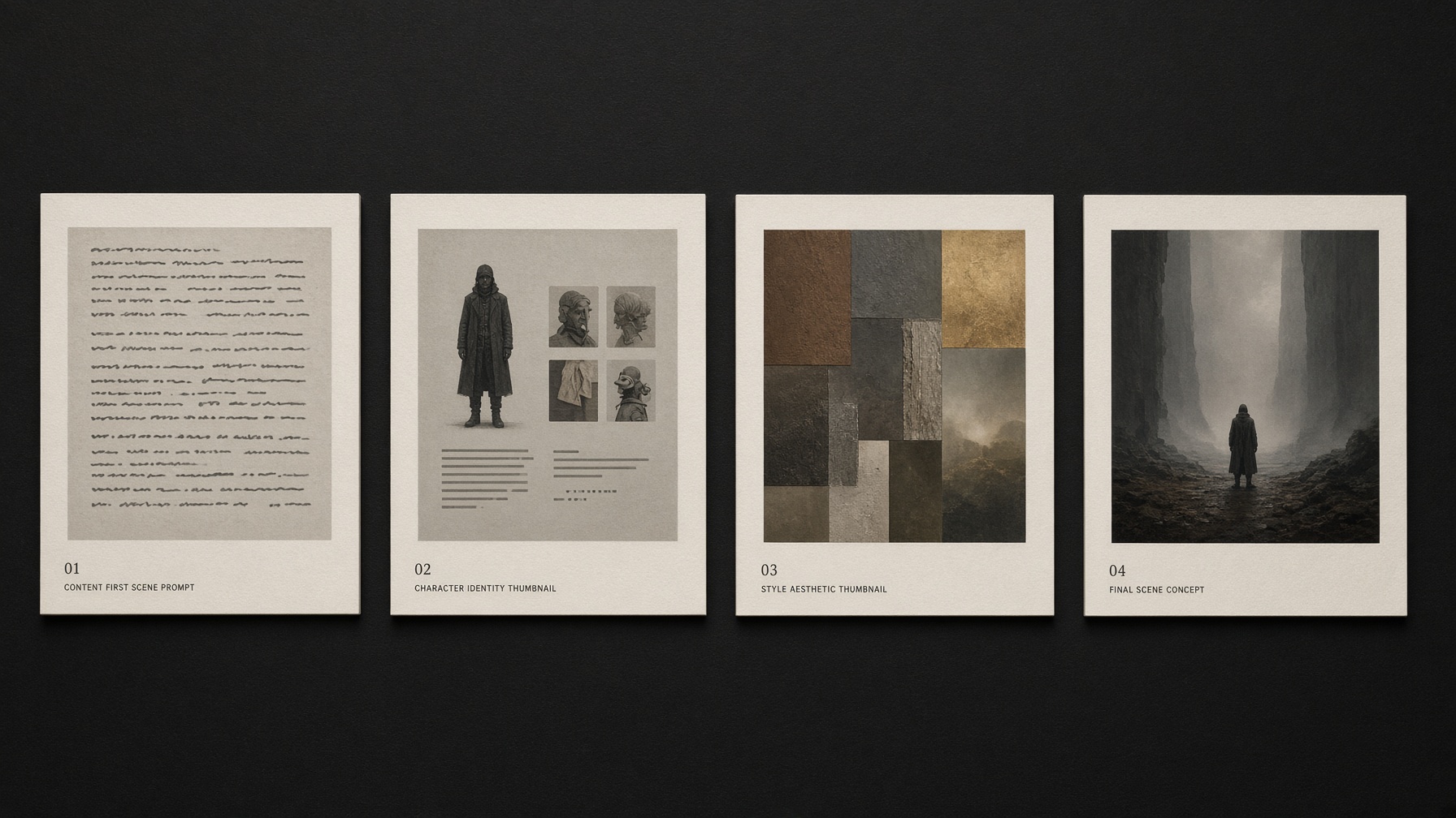 Four-step printed process cards explaining how to combine style reference and character reference in one generation workflow