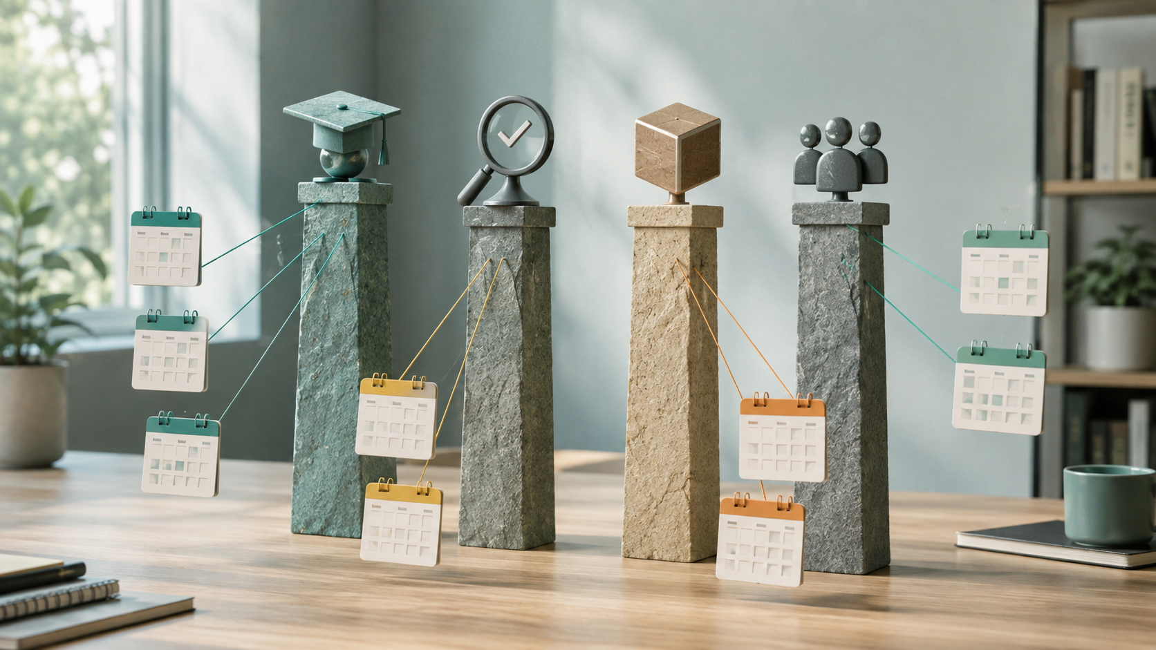 Four content pillars organize topics for sustainable AI content calendar drafting.
