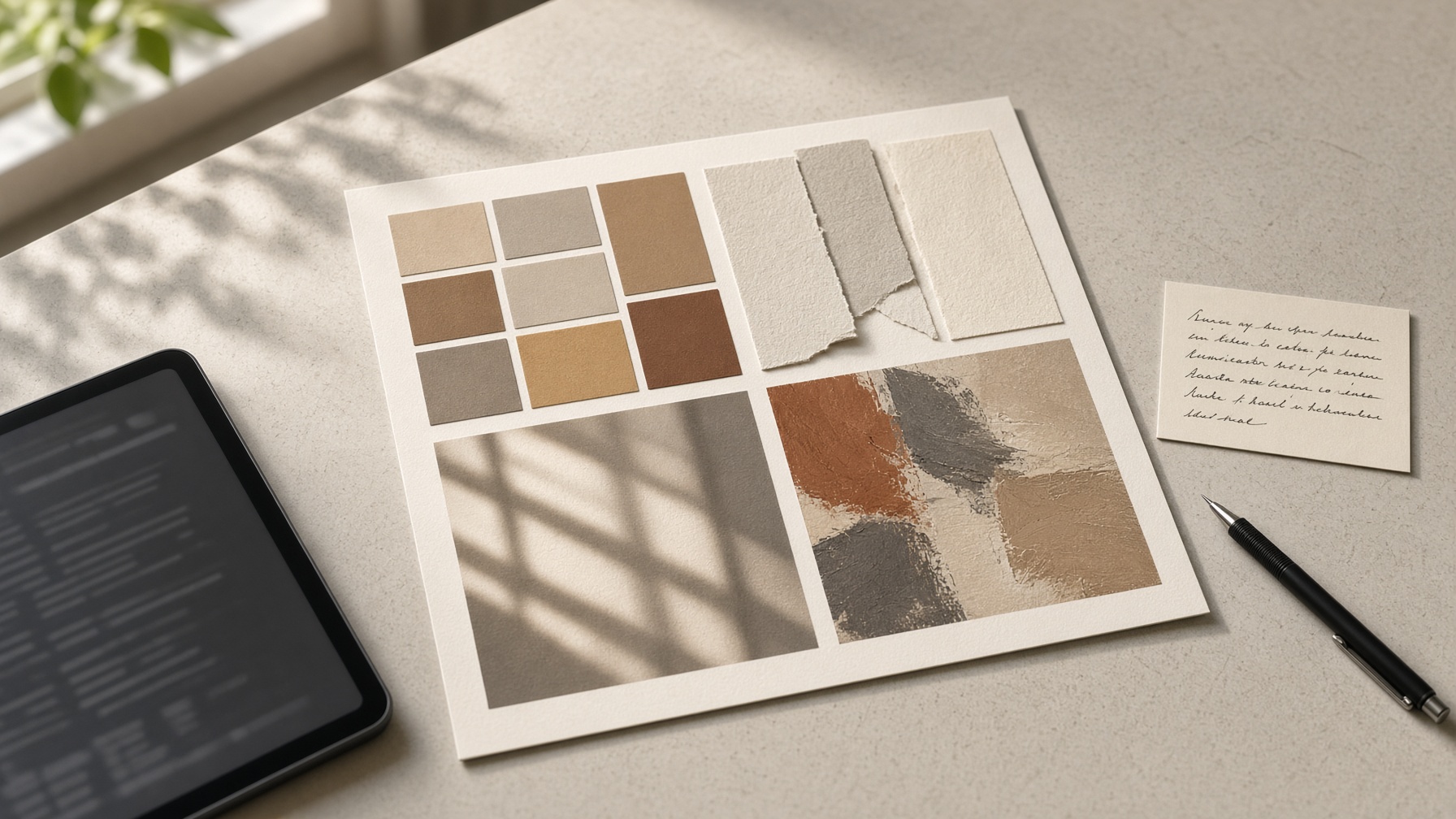 Printed style mood board on a studio desk showing color swatches, textures, and lighting studies used to explain Midjourney Style Reference
