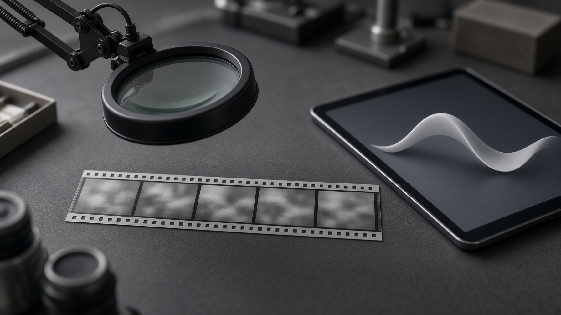 Film frame strip and tablet illustrating temporal consistency in Starlight Precise 2.6 versus flicker in earlier output